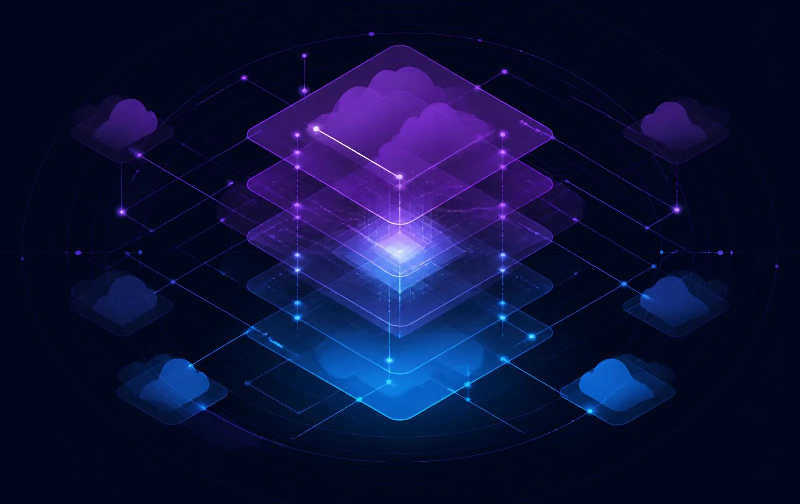 Illustrazione editoriale: layer cloud interconnessi e orchestrazione dei dati